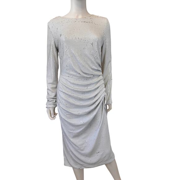 NWT DRESS THE POPULATION Silver Emilia Sequin Long Sleeve Cocktail Dress Size L - Picture 5 of 12